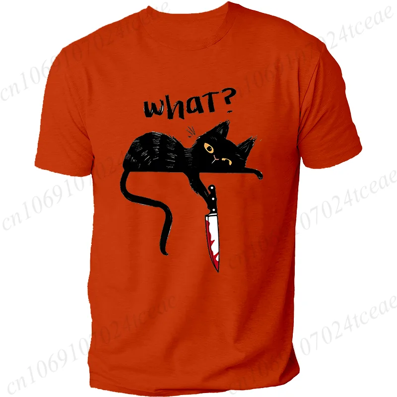 Summer Men's Tshirt Murderous Cat T-Shirt Short-sleeve Casual T-shirt  Black Cat with Knife Scary Halloween Funny Men's T-Shirts