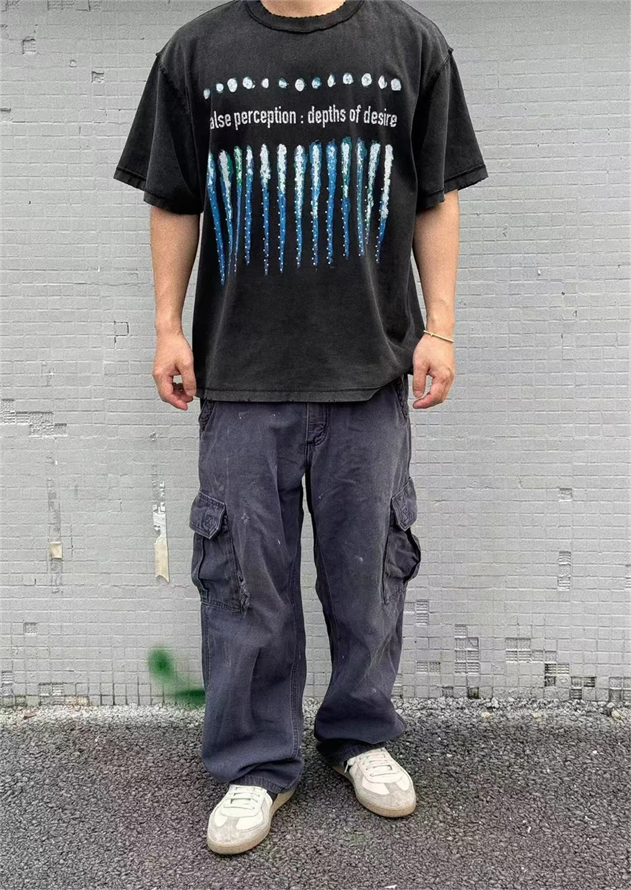 

Винтажная мотоциклетная футболка с принтом горного хрусталя и короткими рукавами, уличная повседневная свободная хлопковая футболка большого размера, модная