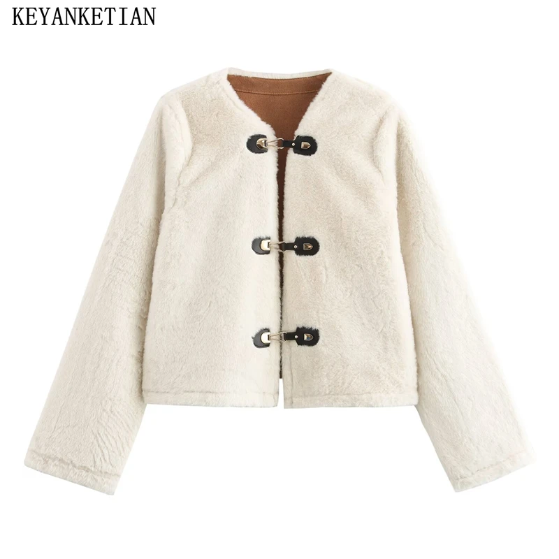 KEYANKETIAN 2024 Autumn/Winter New Women's Double Faced Fur Short Coat  Retro style Metal Buckle Fashion Loose Apricot Blazer