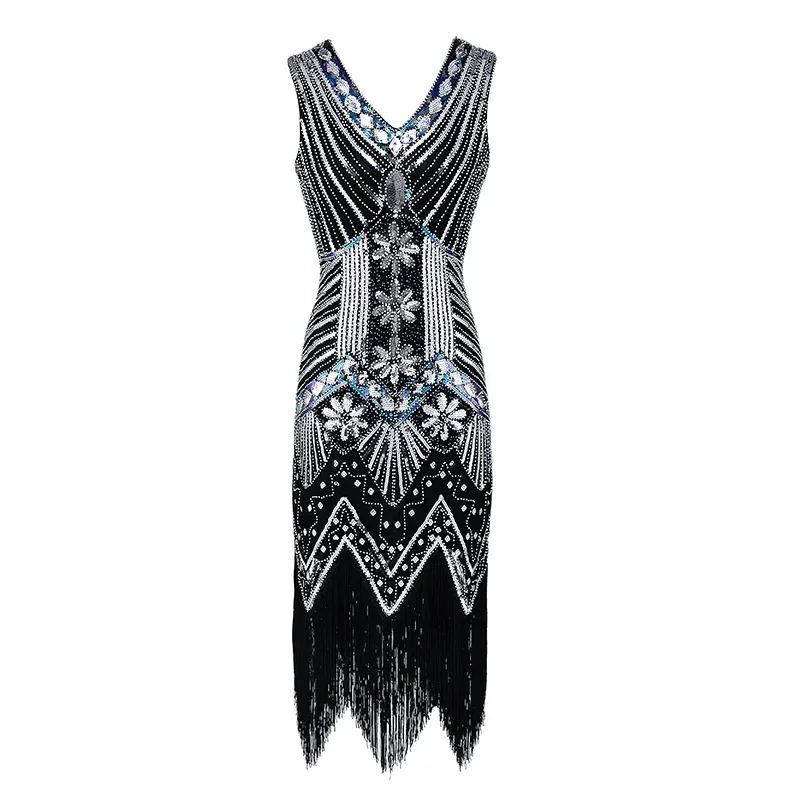 Flapper Great Gatsby V-Neck Sleeveless Party Dress Vestidos Dancing Club Sequin Beaded Style Style Tassel Flapper 1920s Vintage