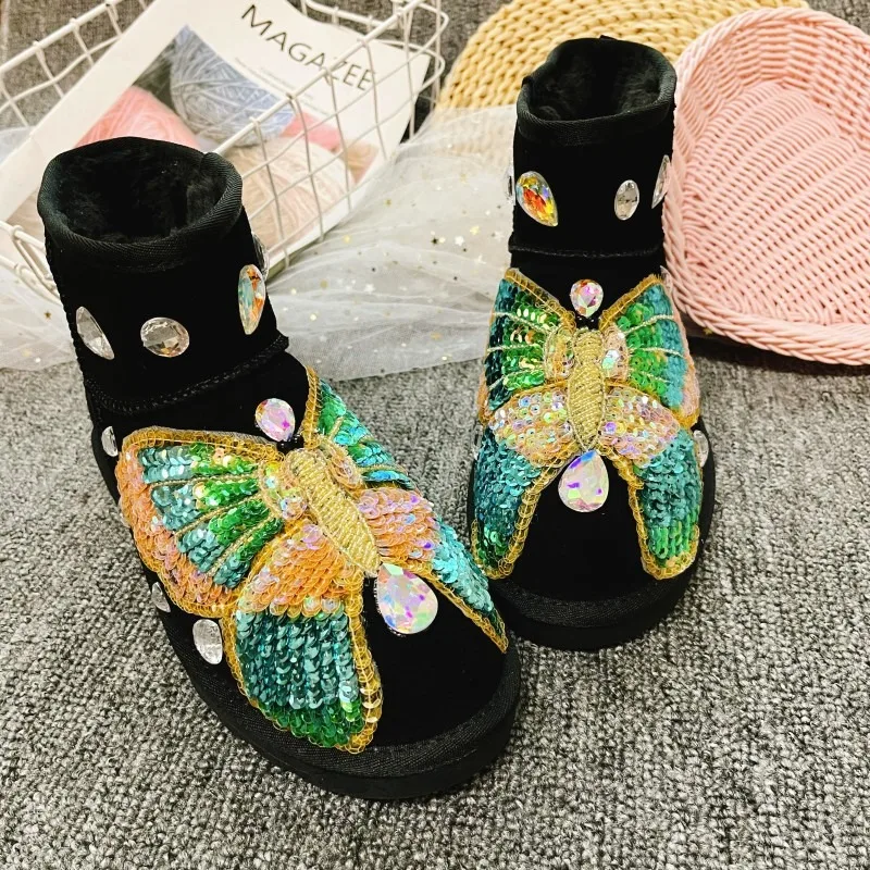 Bling Butterfly Sequins Black Suede Leather Ankle Winter Snow Boots For Women Thicken Fur Lined Casual Short Warm Shoes Woman