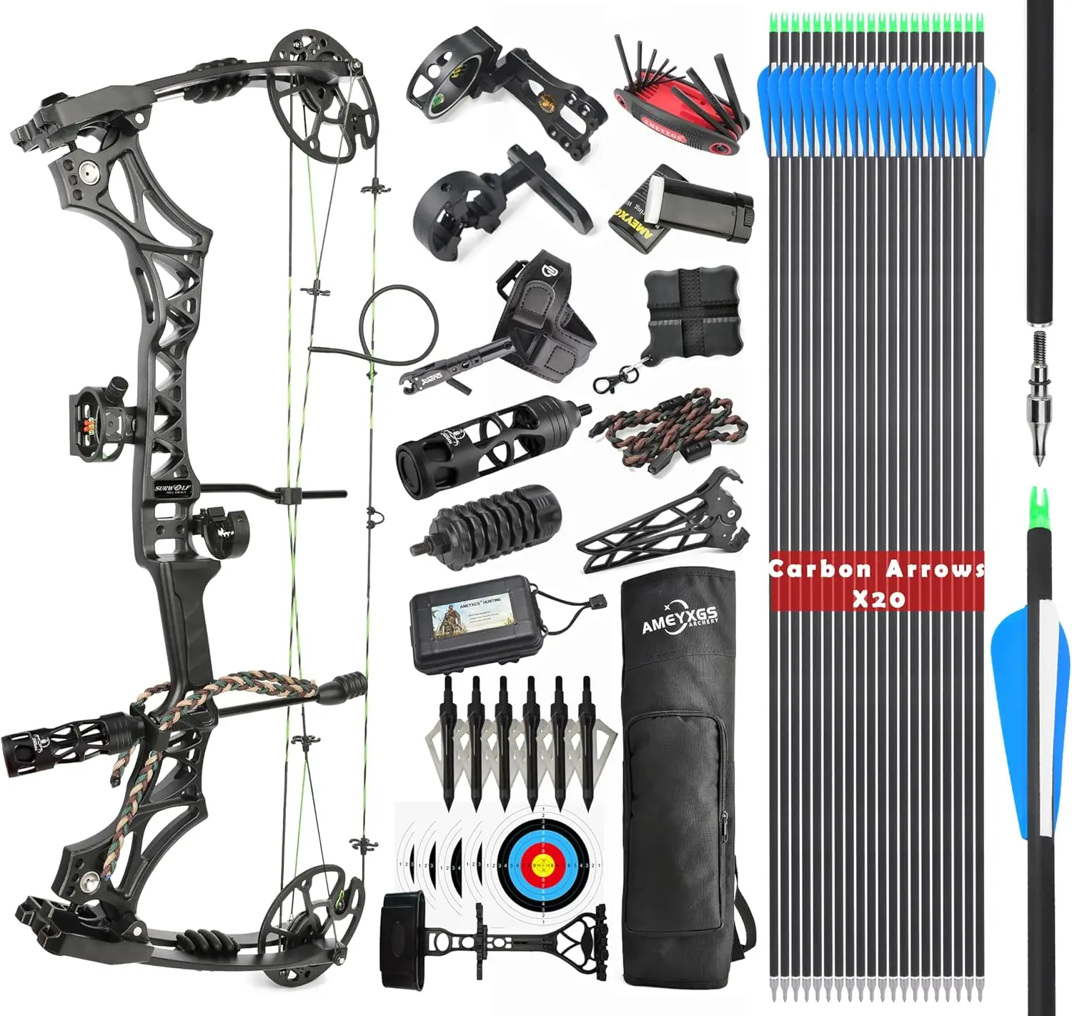 Black Compound Bow Kit, Hunting and Target, Limb Made in USA,Draw Weight 30-70 lbs Adjustable, Draw Length 19-31