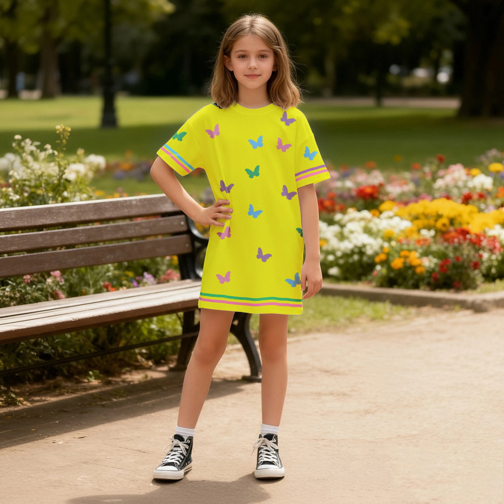 

2026 Girls' Butterfly Print Short Sleeve T-Shirt Children's Versatile Casual T-Shirt Skirt Dropped Shoulder Summer Dress