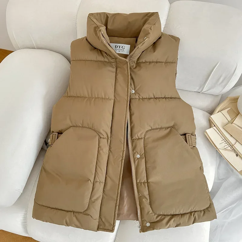 Women Vest Parkas Sleeveless Solid Jackets Zipper Button Splice Thick Vests Pockets Stand Collar Coats Elegant Lady Parka