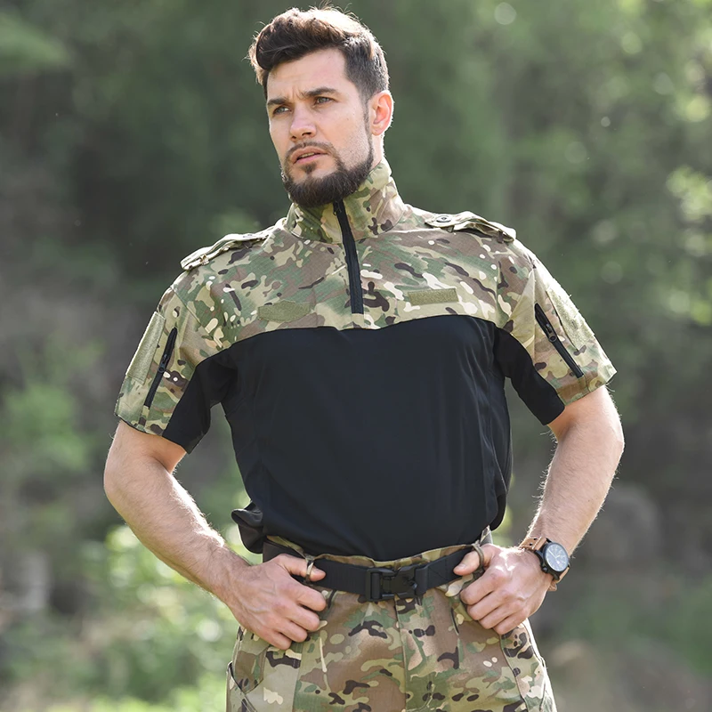 Outdoor Short Sleeve Polo Shirt CP Desert Camouflage Army Tactical Military Uniform Absorb Sweat Hunting Men Combat Army Suit