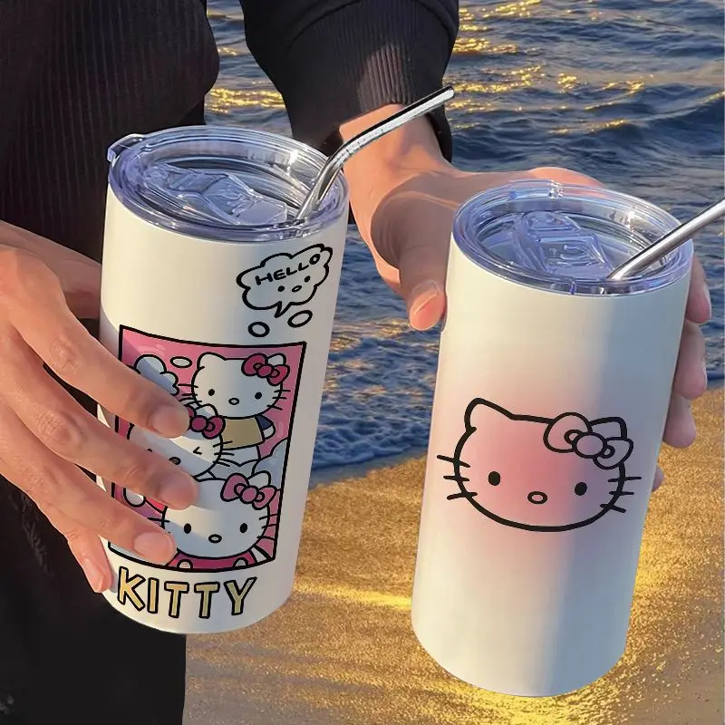 Sanrio Hello Kitty Pochacco Pompom Purin Coffee Cup with Straw High-Looking Portable Stainless Steel Thermos Cup Gift Wholesale