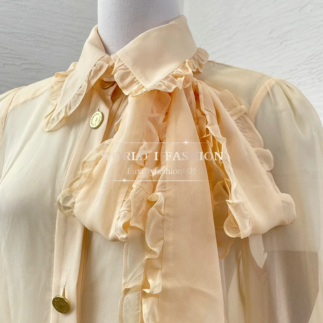 

2025 High quality beige long sleeve ruffles blouse tops with Separate Camisole