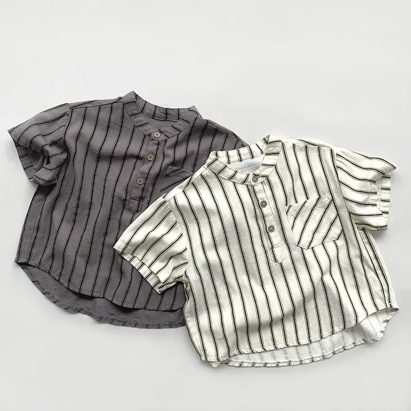 

2025 Summer New Children Vintage Striped Shirts Cotton Boys Girls Short Sleeve T Shirts Baby Casual Versatile Tops Kids Clothes