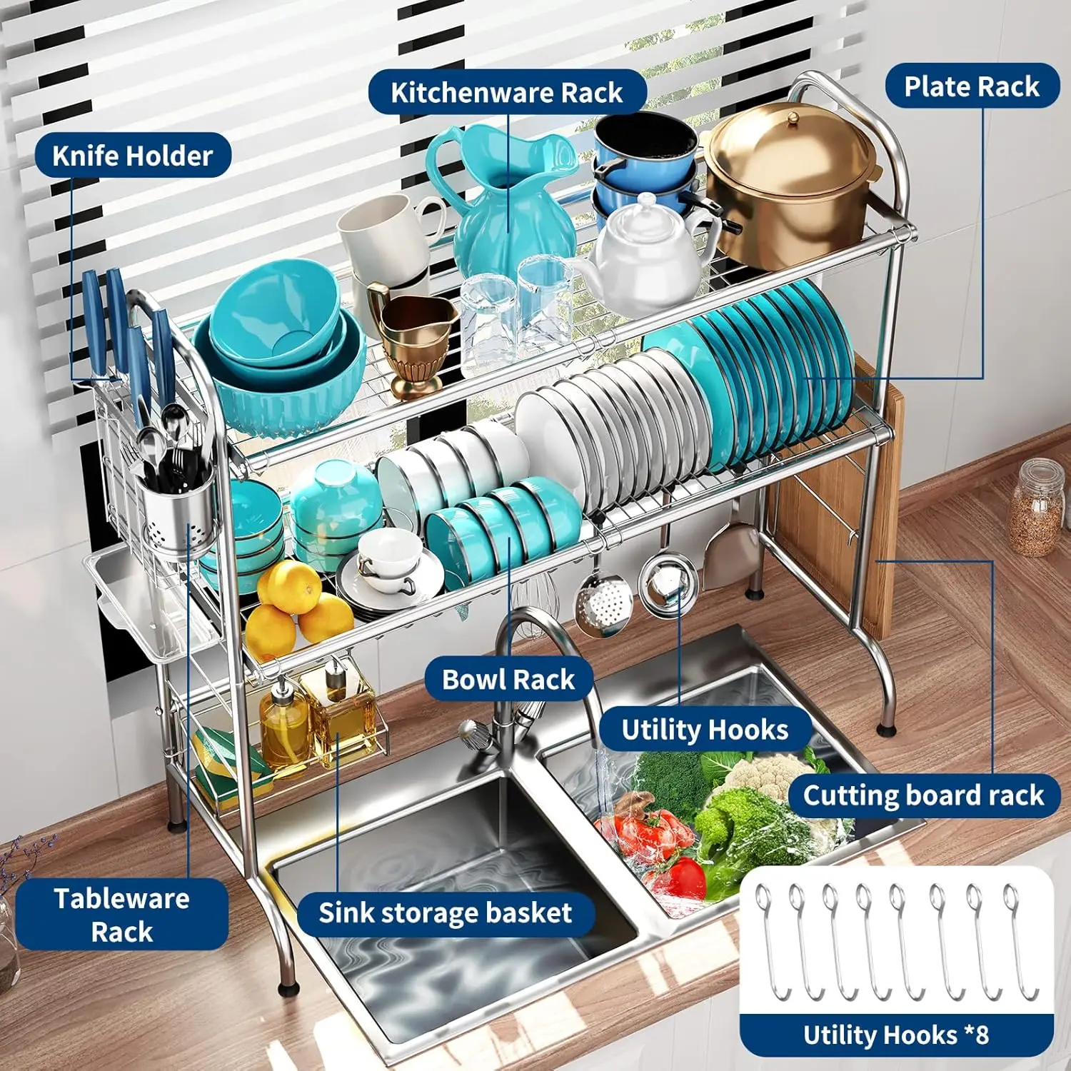 MOUKABAL Dish Rack Over The Sink, Dish Drying Rack,Dish Rack Over Sink,Stainless Steel 2 Tier Large Sink Rack with Utensil Holde