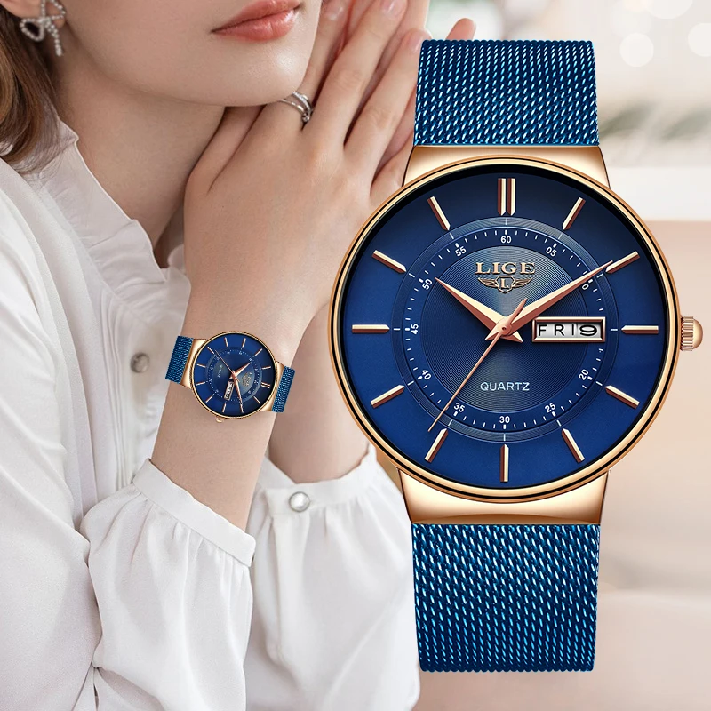 

Женские наручные часы LIGE 2026: Элегантные, с еженедельным календарем, модные, водонепроницаемые, кварцевые, люксовые часы для женщин (montre femme)