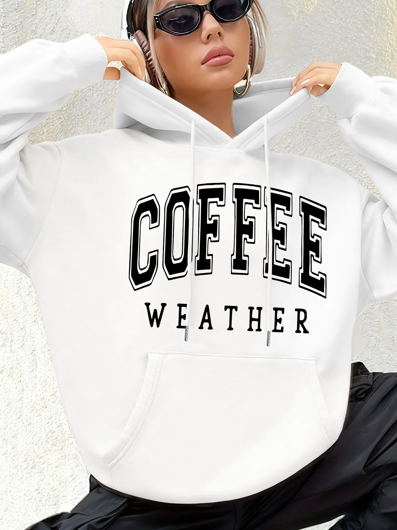 سترة بغطاء للرأس على الموضة للرجال والنساء، تصميم مطبوع، هوديي من القطيفة للخريف والشتاء - أبيض #1