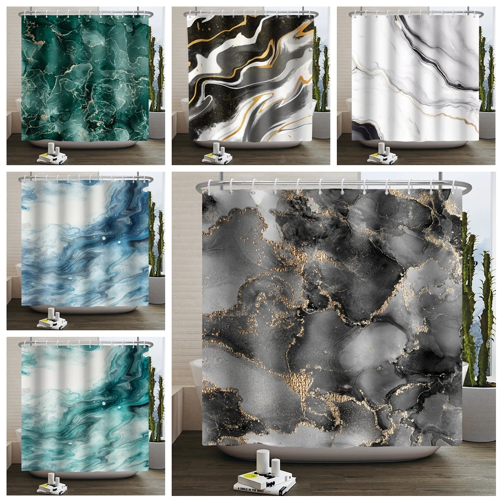 

Marble Gradient Texture Shower Curtain Abstract Painting With Anti Mold Hooks Waterproof Black White Custom Bathtub Decoration