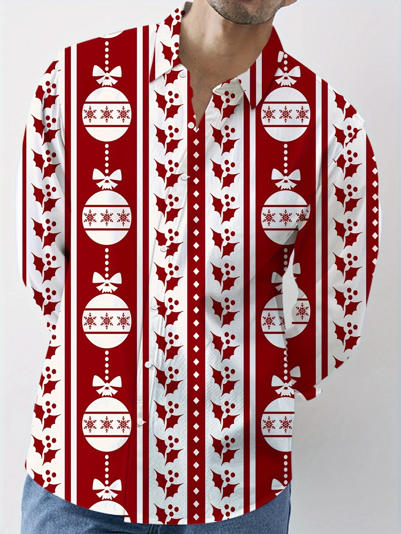 

Spring and Autumn Men's Dress Shirt - Festive Red and White Stripe Patterns are suitable for holiday parties and celebrations,