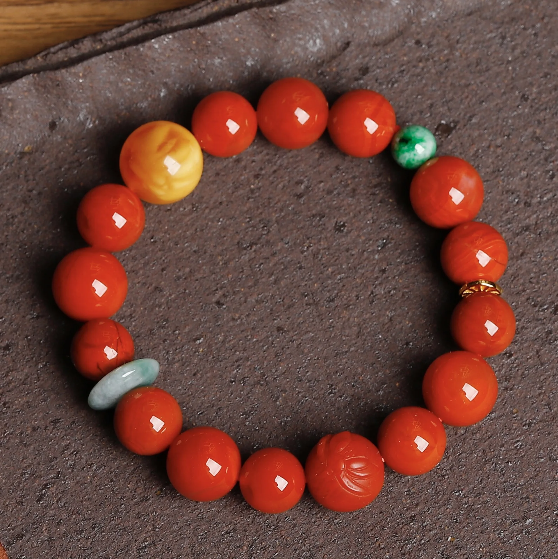 Natural Full Flesh South Red Agate Bracelet, Spicy Green Jadeite & Amber, 925 Silver Gilded, Vintage Chinese Multi-gem Bracelet