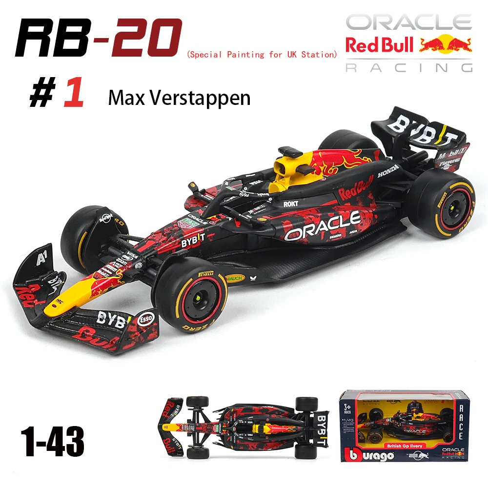 Bburago 1:43 2024 F1 Red Bull RB20 #1 Verstappen Special livery for the British Collectible Gifts Alloy Car Die Cast Model Toy
