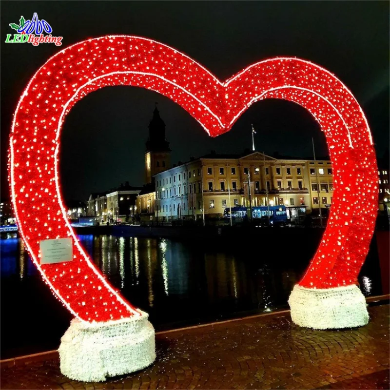 Custom.2023 new holiday red tinsel led lighted 3D motif heart arch door light