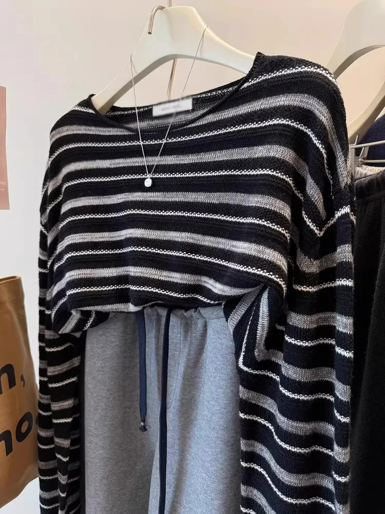 

Ретро-свитер в американском стиле с мягкими полосками, женский, свободного кроя, укороченный, осенне-зимний, новинка, большие размеры, универсальный топ