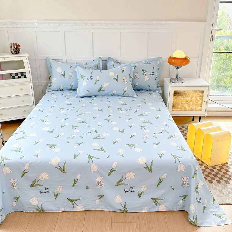 White Tulip Flower Flat Sheet Cotton Cartoon Bunny Blue Bed Sheet Set for Boys Girls Lovely Floral Rabbit Botanical Bed Cover