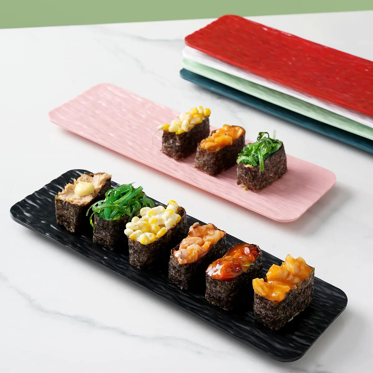 Rechteckiger Sushi-Teller aus Kunststoff, langer, flacher Servierschale gegen Stürze für den gewerblichen Restaurantgebrauch und Haushalts-Snack-Teller