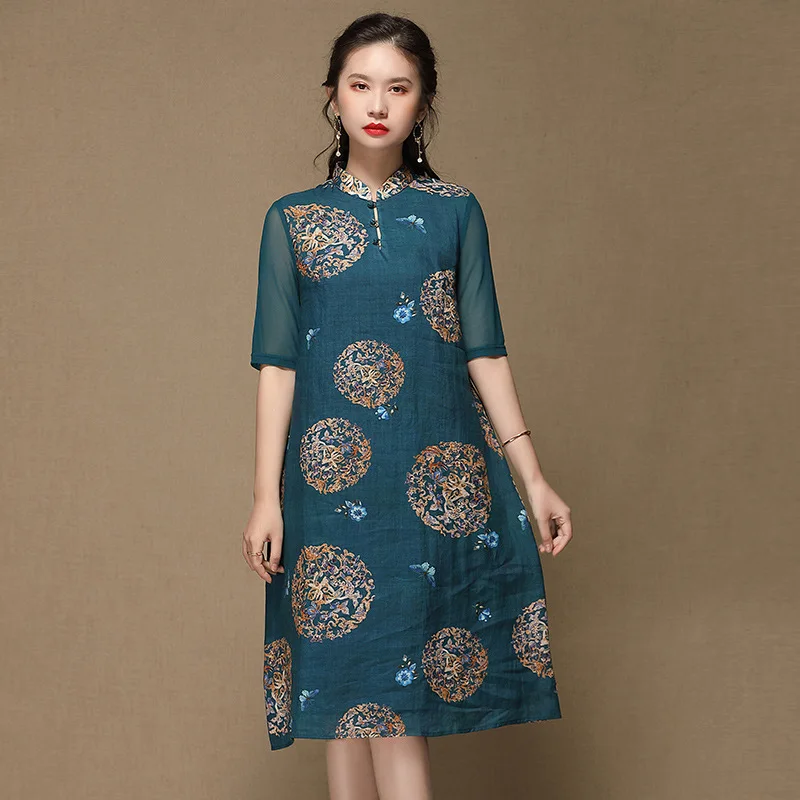 Women Retro Print Butterfly Qipao Stand Plate Buckle Cheongsam Summer Dress Cotton Linen Half Sleeve Ethnic Clothing