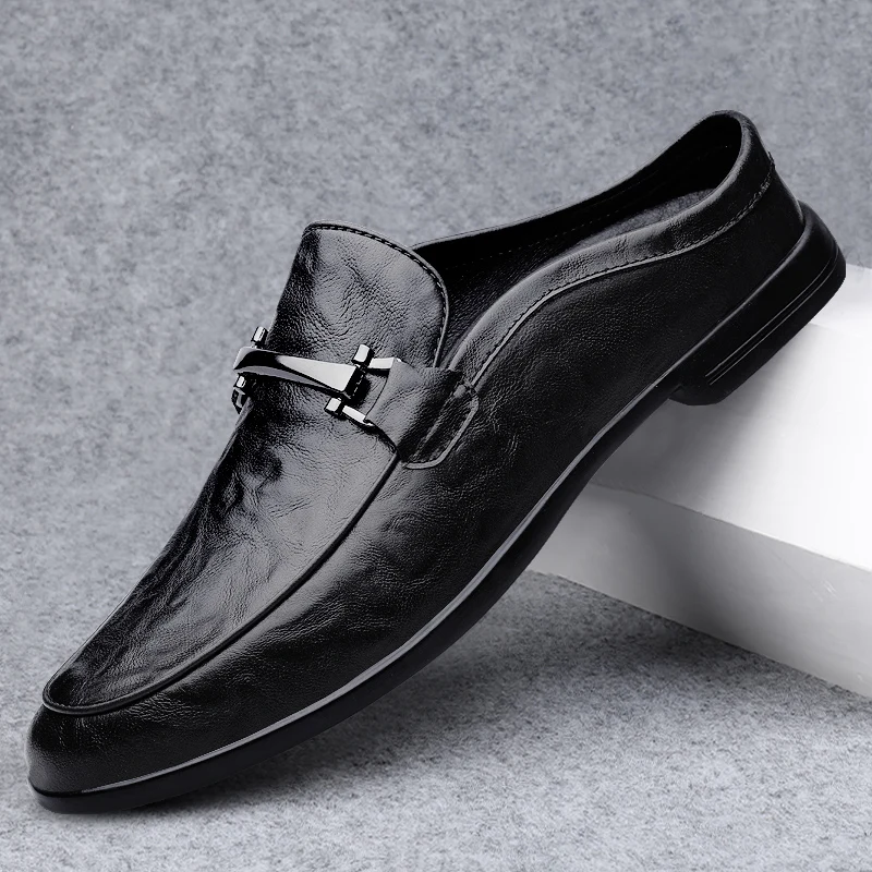 2026 Summer Loafers Slippers Slip On Mules Men Backless Casual Shoes Leather Outdoor Half Drag Shoes Luxury Design Slides Sandal