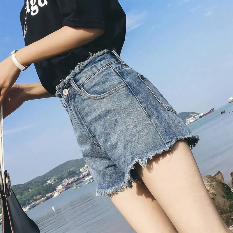 High Waist Wide Leg Denim Shorts Women's Korean Style Loose Summer Student Versatile Frayed Hot Pants Trendy Commute Style