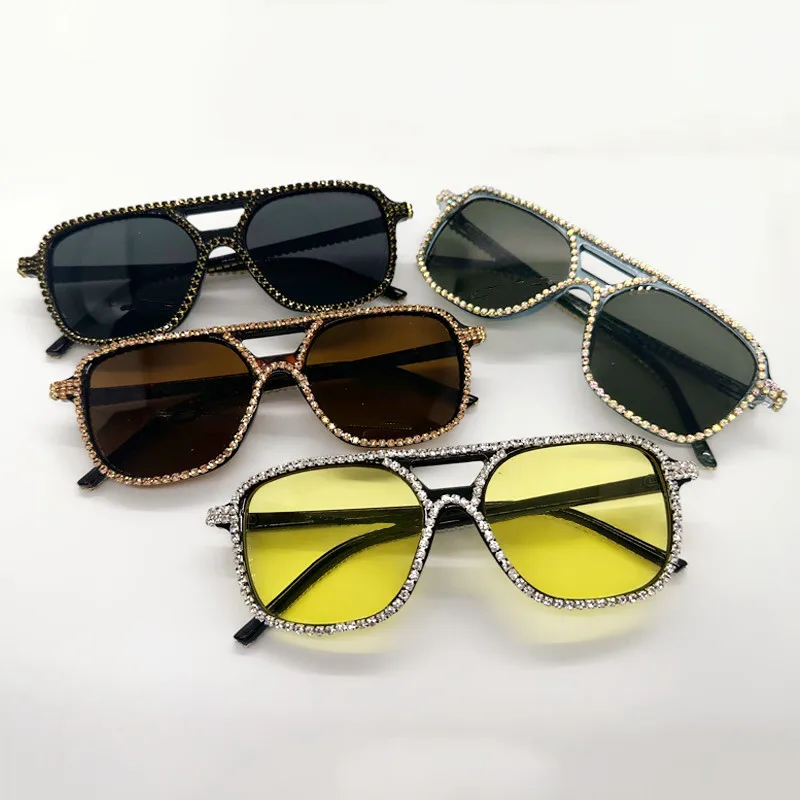 Neue Quadratische Doppel Brücken Diamant Sonnenbrille Frauen Mode Candy Farbe Strass Sonnenbrille Weibliche Shades UV400 Brillen – Detail 1