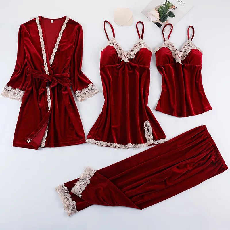 Sexy Female 4PCS Robe Set Velour Lace Bathrobe Women Kimono Bath Gown Loose Sleepwear Nightwear Bridesmaid Robes Suit Homewear