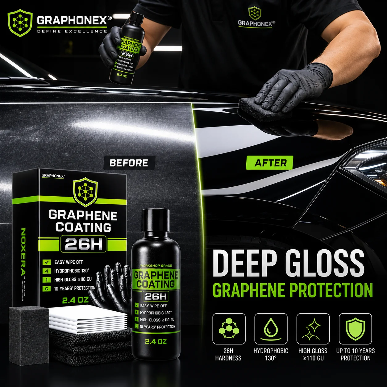 High Gloss Graphene Nano-Ceramic Car Coating Kit, Universal for Vehicles, Professional Auto Care, Long Lasting Gloss Protection