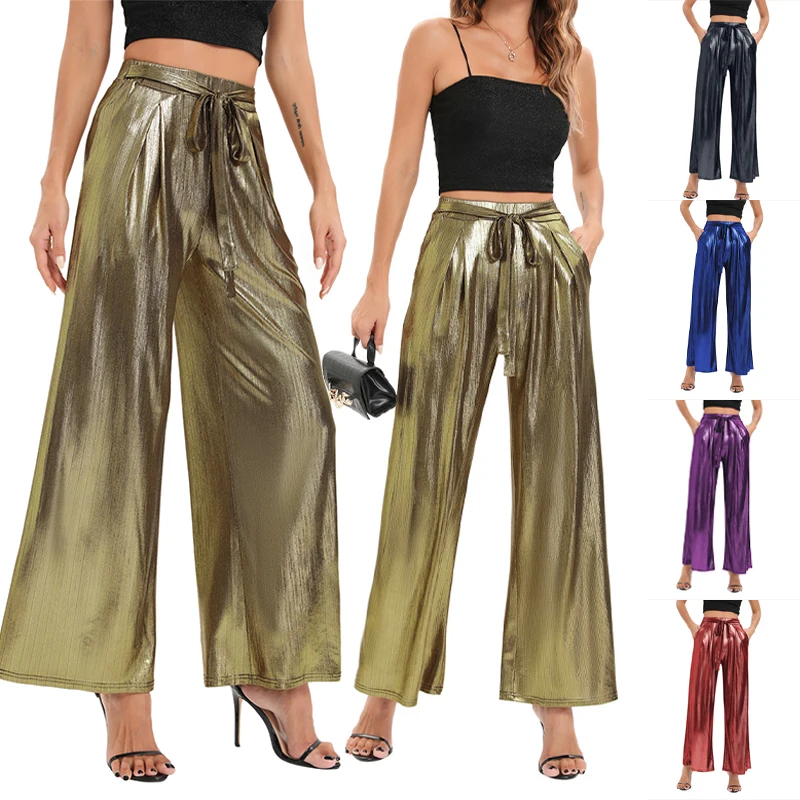 Women Sexy Metallic Pants Bronzing Shiny Flare Pants Lady Loose Elastic Waist Bottom Hip Hop Baggy Wide Leg Trousers Clubwear