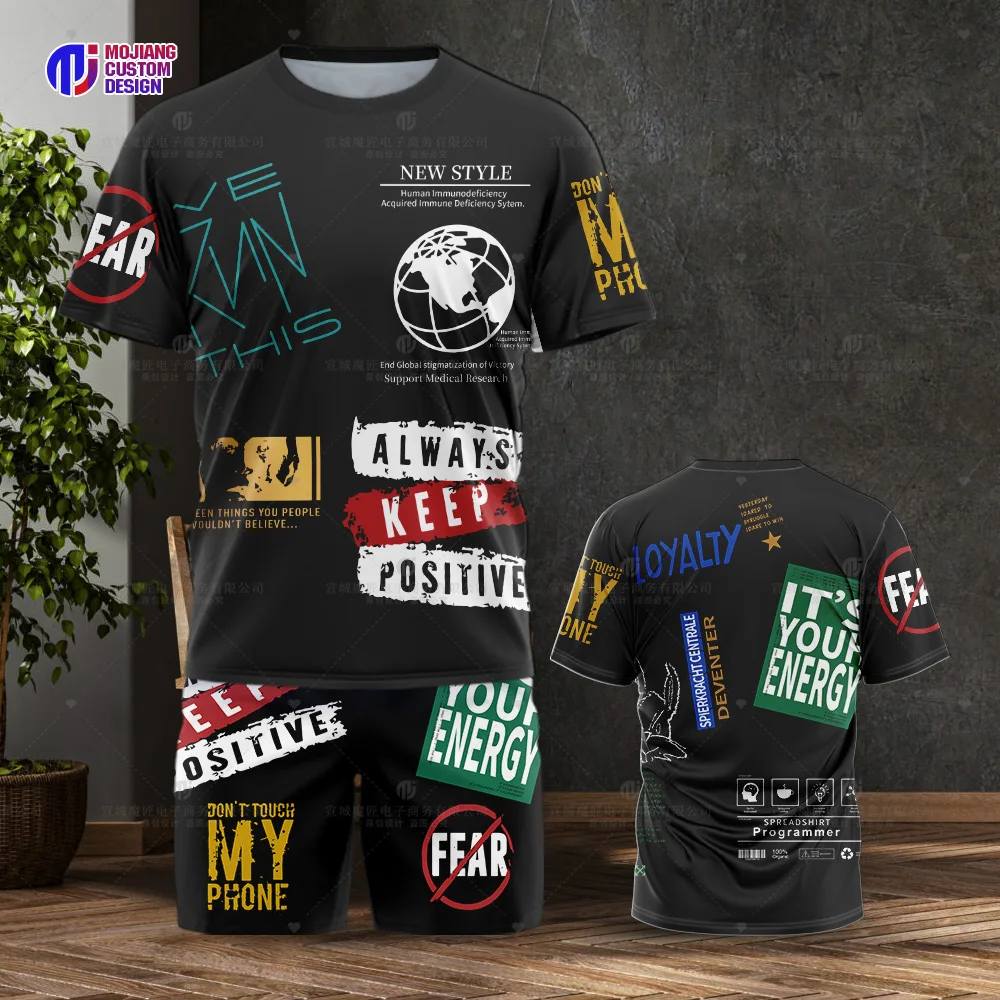 Summer Men's T-Shirt Suit Harajuku Fashion Korean Print Short-Sleeved Top Shorts Casual Men's Street Fashion Trend Clothing