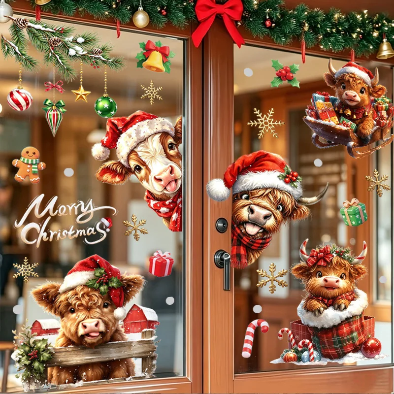 3pcs Christmas Highland Cow Themed Window Wall Stickers，suitable for cabinets, bedroom, glass doors, windows wall decor