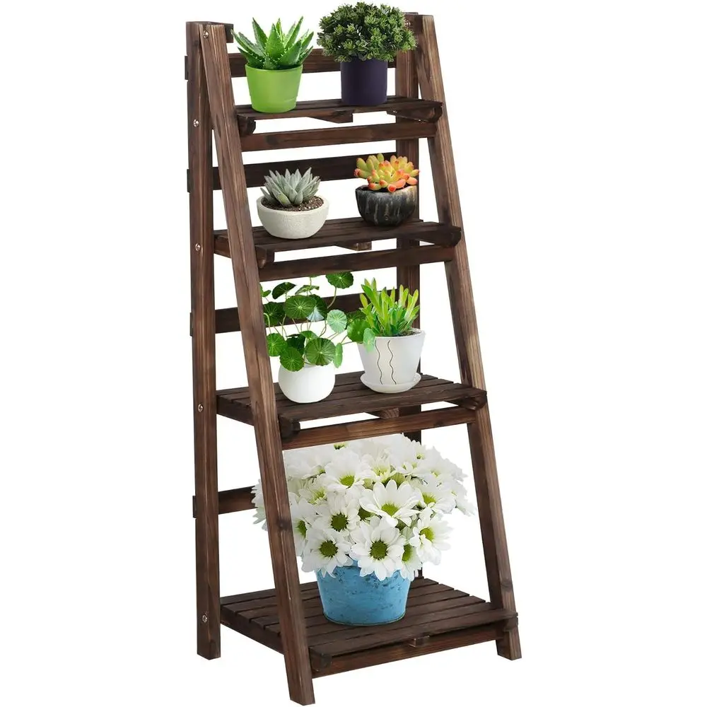 

4-Tier Wooden Ladder Shelf - Magazine Holder, Book Rack, Plant Stand with Decorative Storage, Suitable for Indoor/Outdoor Use, R