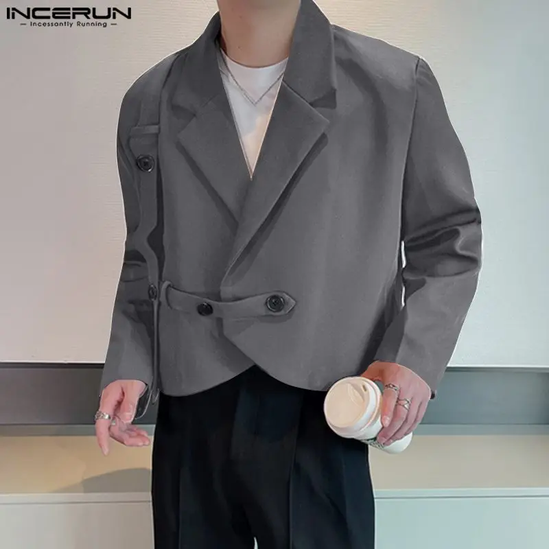 INCERUN Tops 2023 Korean Style New Mens Shoulder Pads Solid Cropped Blazer Casual Fashion Hot Sale Long Sleeved Suit Coats S-5XL