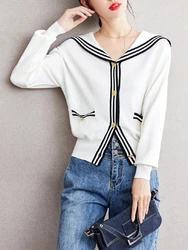 Contrast Color Navy Collar Knitted Tops Women 2024 Autumn Korean Fashion Retro Sweet Long Sleeve Cardigan Sweater