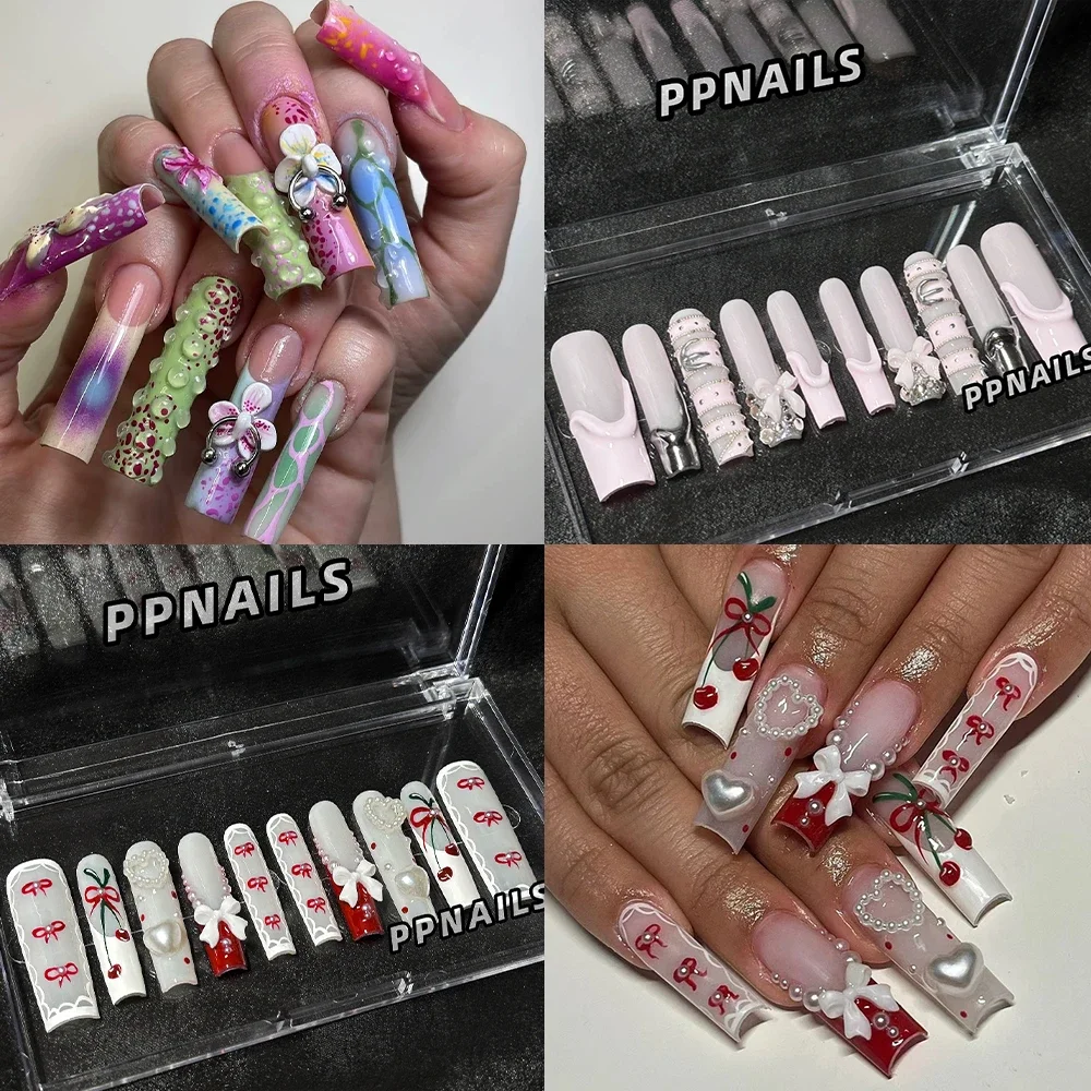 

Europe America Spice Girl Handmade Xxl Long Square French Press On Nails Flower Diamond Bowknot Pearl Reusable False Nail