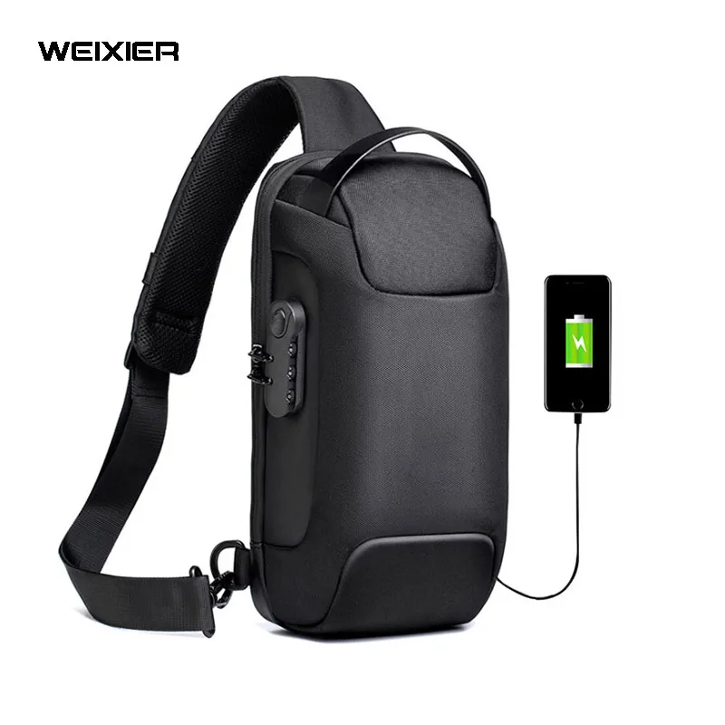 【USB Charging】WEIXIER Brand Men's Chest Bag Crossbody 2021 New Fashion Waterproof Anti-theft Lock Messenger Shoulder Sports