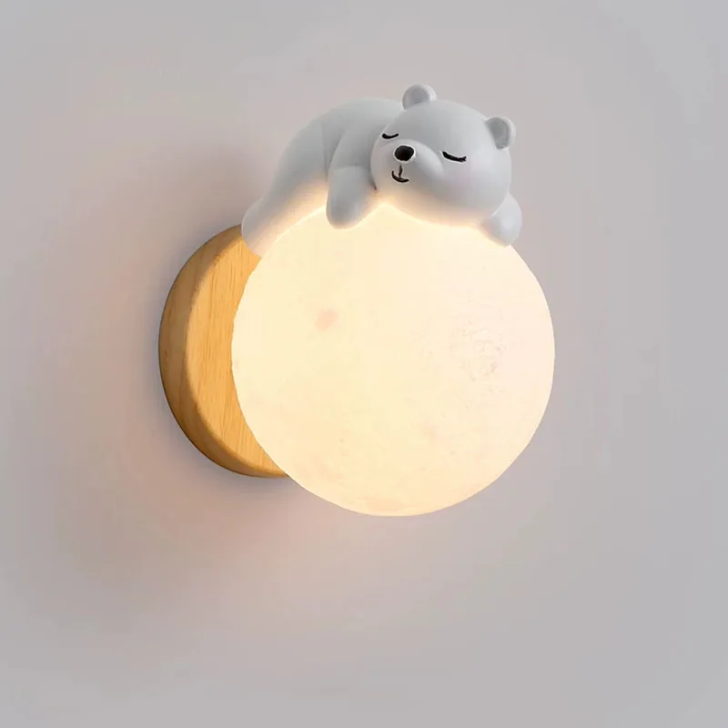 Cartoon Bear LED Wall Lamp 3D Printing Moon Ball Wall Light 3 Color Changing Wall Sconce Bedside Lamp for Kids Room Boys Girls
