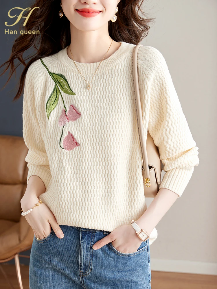 H Han Queen Korean Tops New Korean Elastic Knit Pullovers Sweaters Chic O-Neck Autumn Bottoming Embroidery Casual Sweater Women