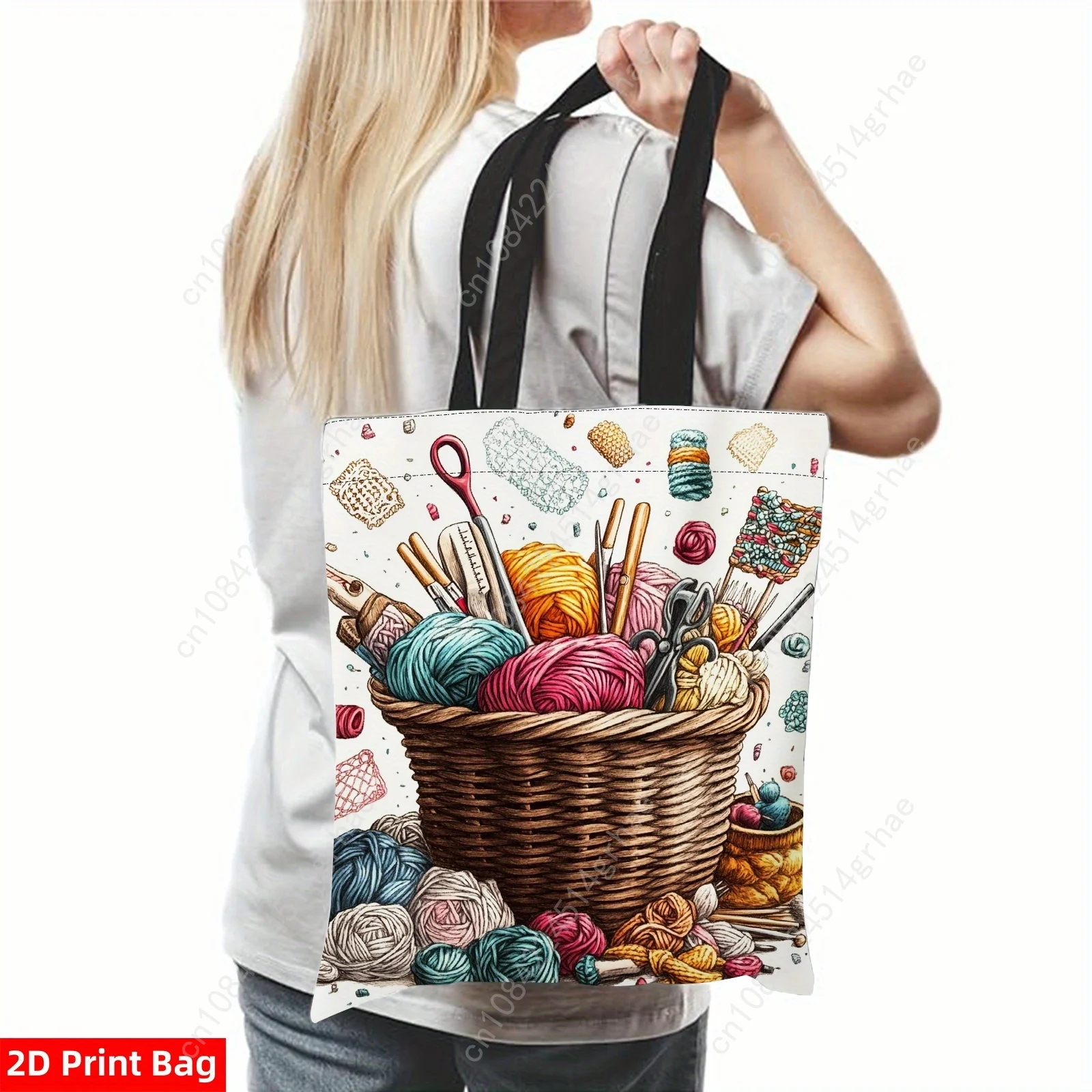 Tas Rajut Wanita Desain Cetak 2D dengan Bola Benang, Jarum & Peralatan, Tas Bahu Kasual Poliester Tahan Lama