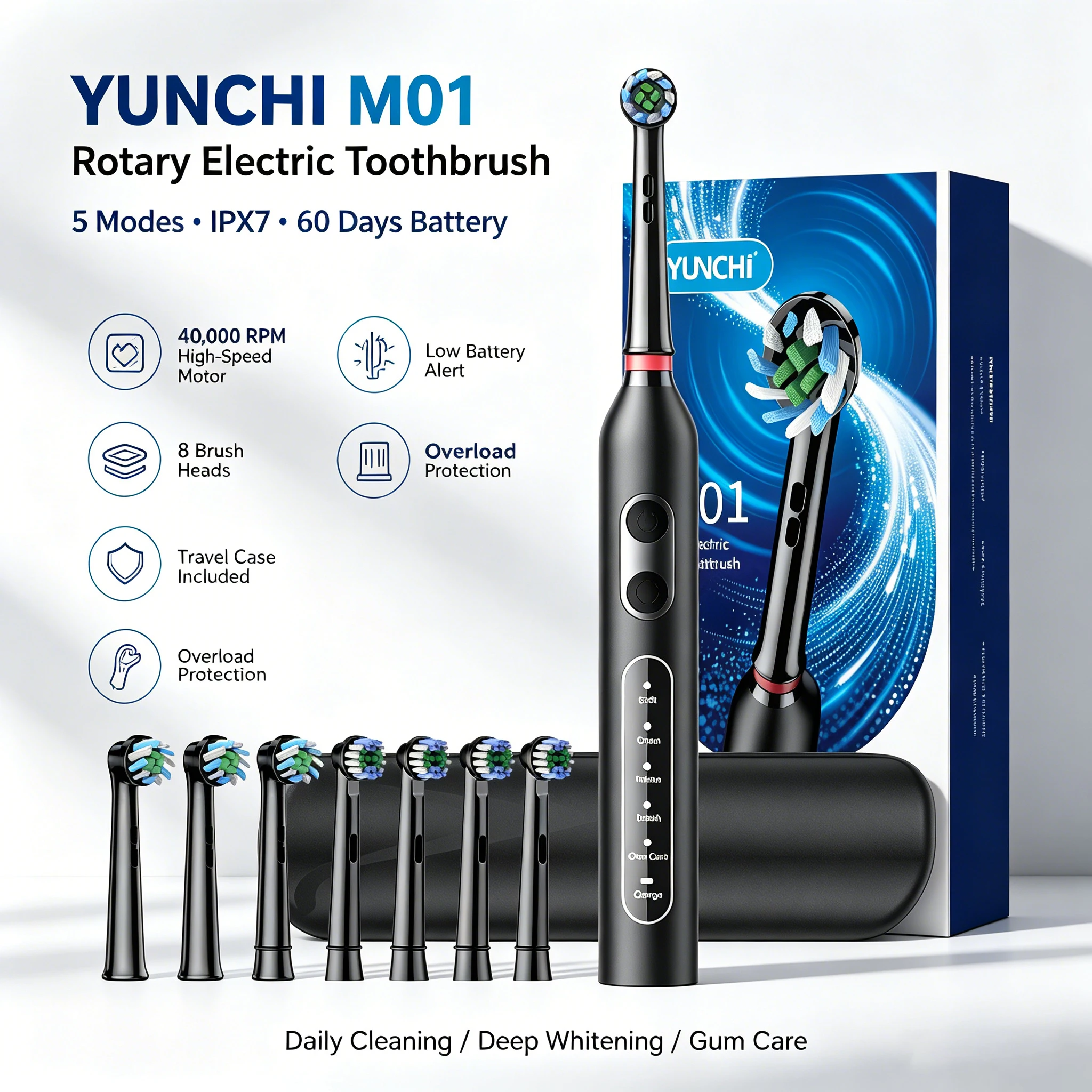 YUNCHI M01 Rotary Electric Toothbrush | 5 Modes Rechargeable Toothbrush with Timer Memory Function | Rotary Toothbrush
