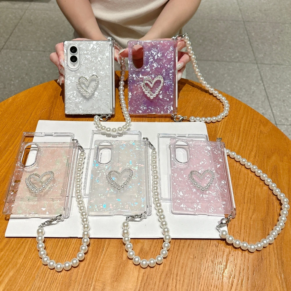 Luxury Shell Pattern Phone Case For Samsung Galaxy Z Fold 8 Wide 3D Rhinestone Heart Decor Cover Shockproof Hard Protective Case