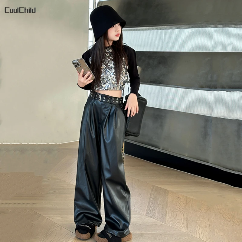 Hip Hop Girls K-pop Sequin Crop Top Shiny PU Leather Pants Street Dance Costumes Kids Streetwear Children Jazz Stage Clothes Set