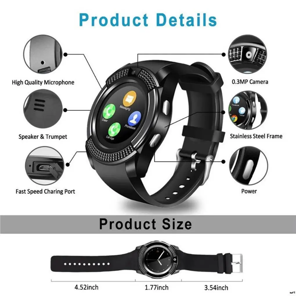 Zinc Alloy Smart Watch 1.3inch USB 2.0 Touch Screen TPU Strap 280mAh Push Message Smartwatch Birthday Gift Black