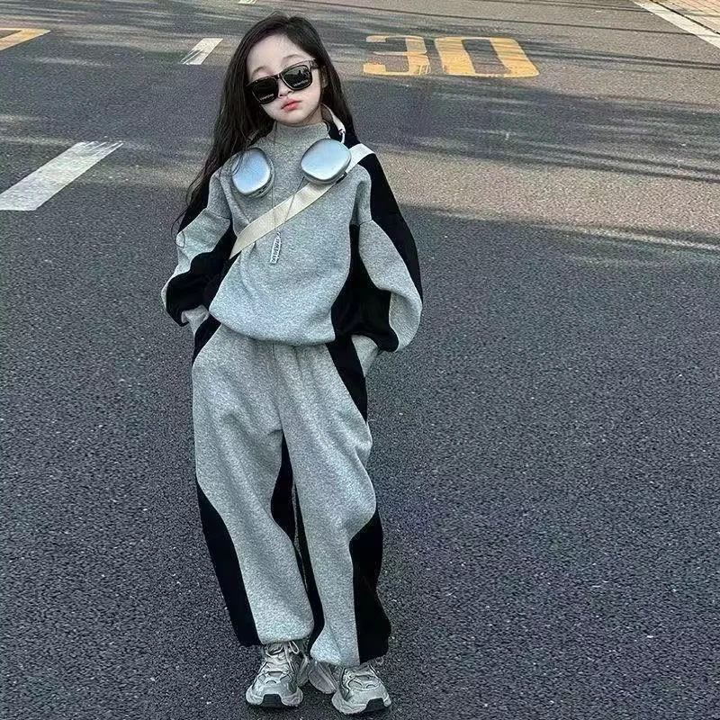 6-18Y Spring New Children's Semi High Neck Sweatshirt and Pants Girls' Candy Splicing Color Kids Fashionable Casual Sports Set