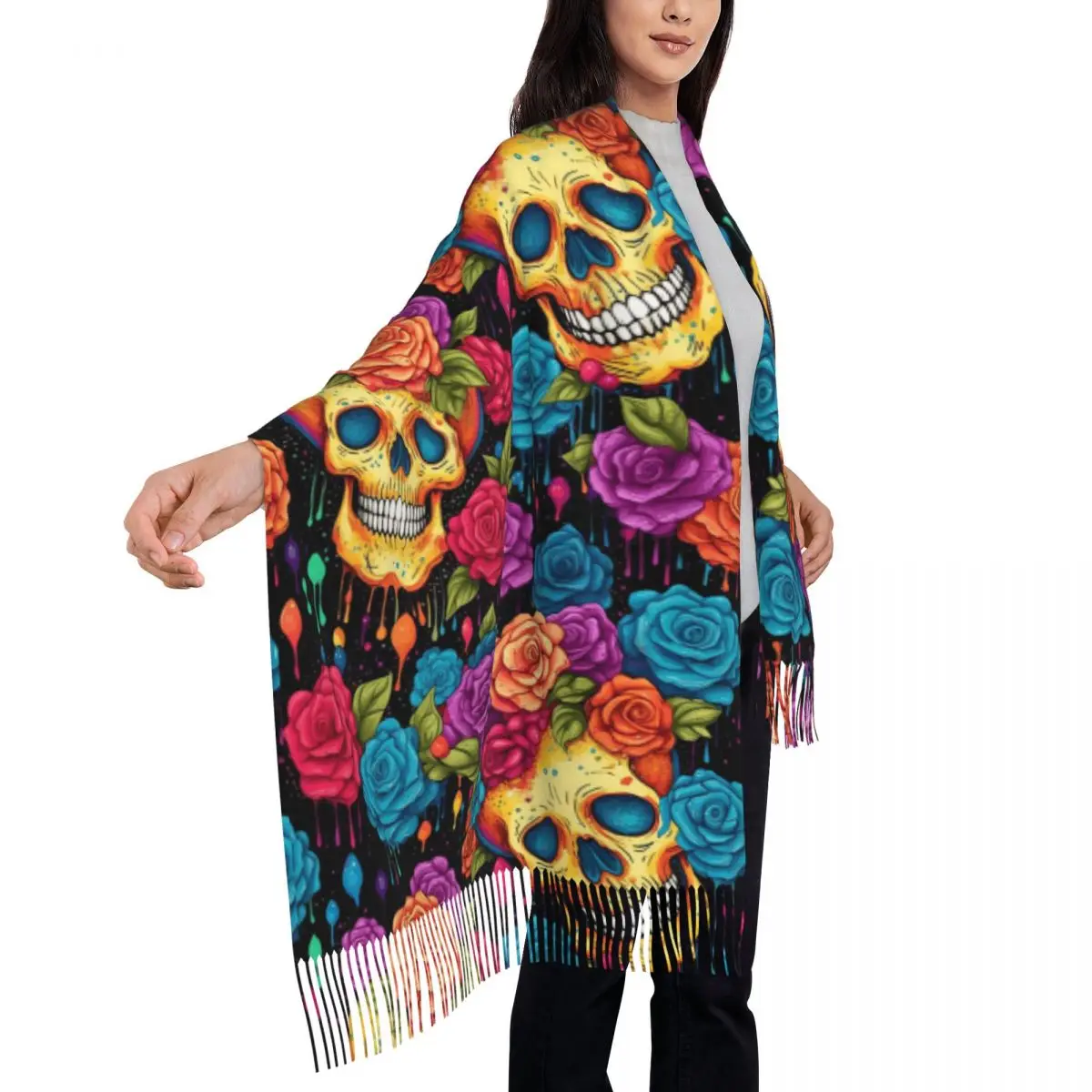 

Day Of Dead And Floral Skull Pattern Scarf Tassel Scarves Women Soft Warm Shawls and Wraps Long Fall Winter Shawl Wrap