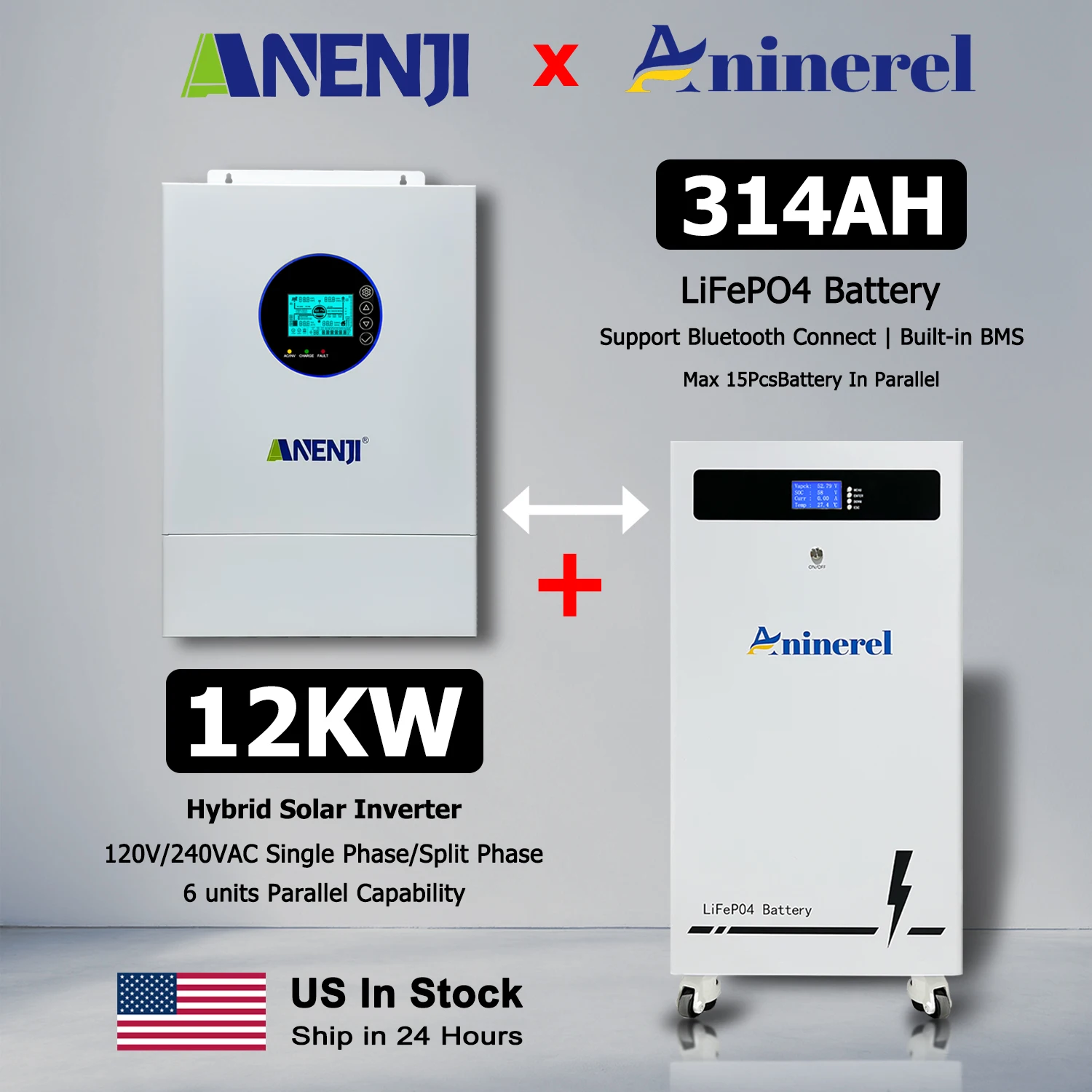 ANENJI 15kWh 51.2V 300Ah Lithium LiFePO4 Battery+12kW 48V Split Phase Inverter Off-grid Inverter for Home Backup Emergency BMS