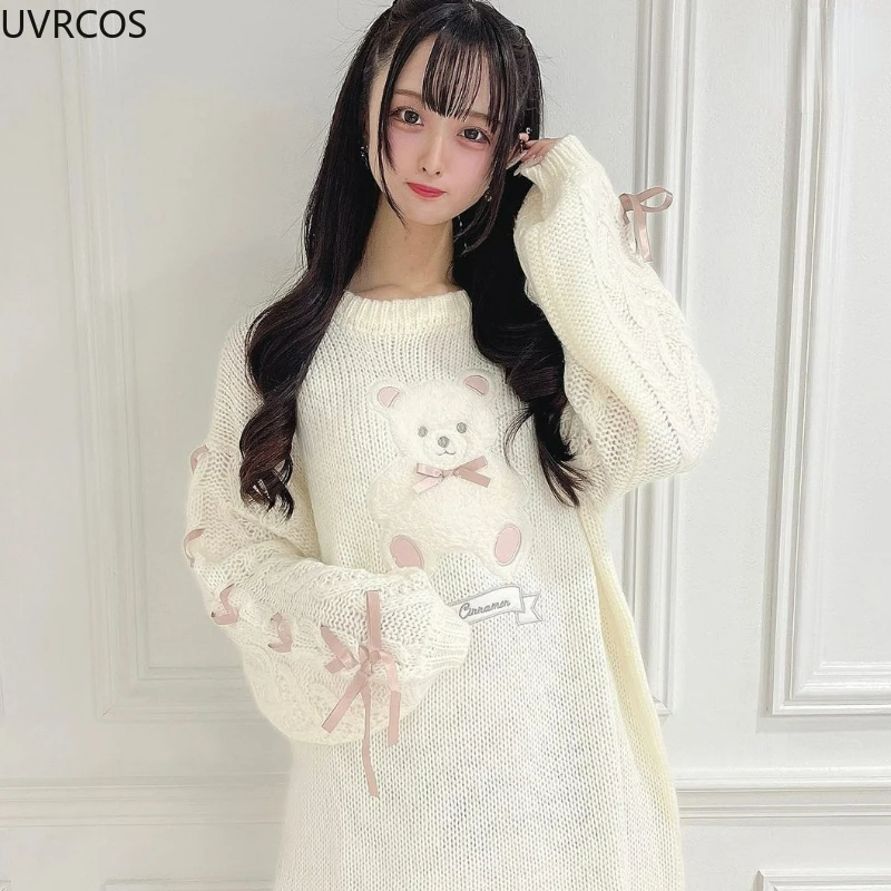 Imagem -05 - Pulôver Kawaii Lolita Feminino de Malha Blusa de Coelho Chique e Doce Suéter Bandagem Estilo Kawaii Feminino Desenho Animado Bordado Urso Japonês