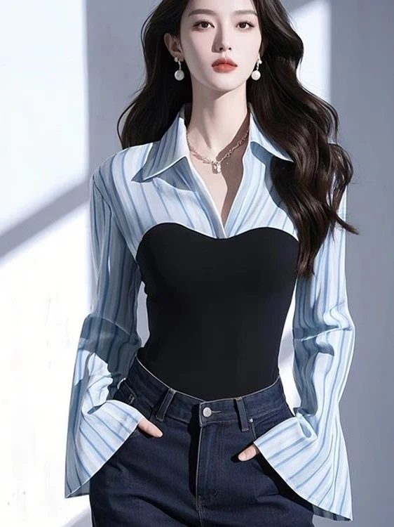Spring New Style Blue Striped Patchwork Shirt Women's Unique Beautiful Flared Sleeve Professional Fake Two-Piece Blouse Ladies
