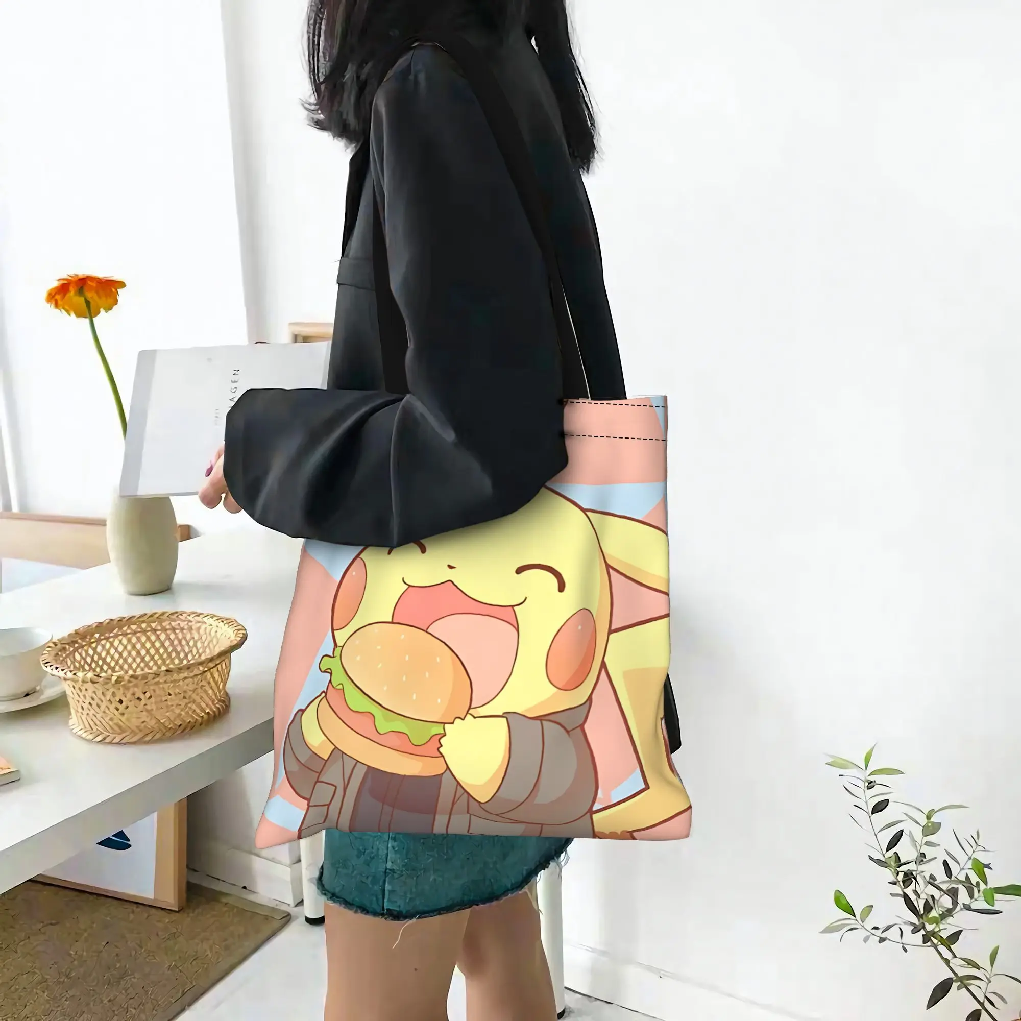Customized Cartoon Pokemon Theme Women's Bag Shopping Bag Reusable Double Sided Canvas Tote Bag Shoulder  Handbag